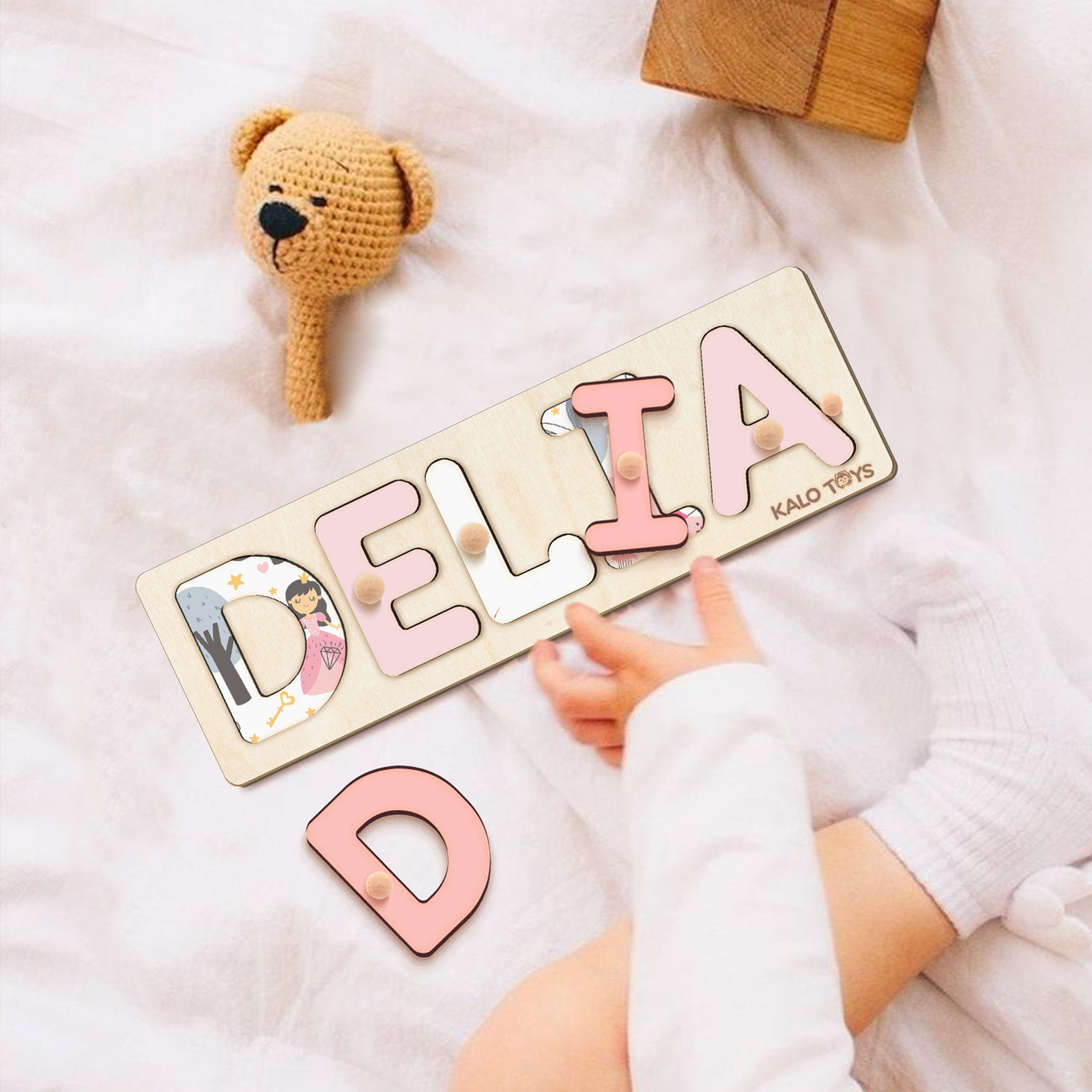 Personalized Wooden Name Puzzle with Unique Themed Designs, Montessori Toddler Puzzle for 1-3 Year Olds, Customizable Puzzle Board for Kids | KindlyToys NP41 - Kindlytoys