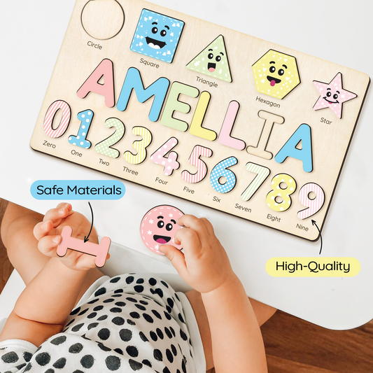 Personalized Wooden Shaped & Numbers Name Puzzle, Gifts For 1 2 3 Year Old, Wooden Name Puzzle For Kids, Montessori Toys | Kindly Toys NP20 - Kindlytoys