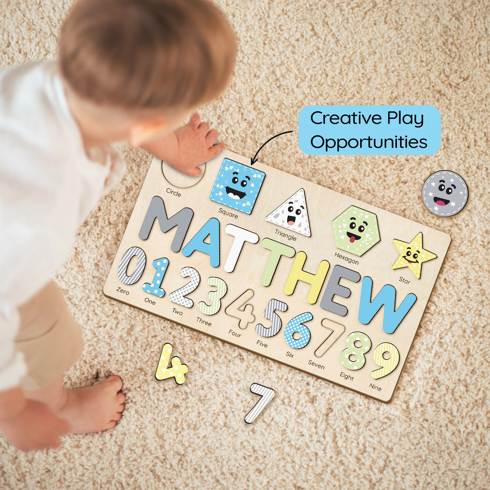 Personalized Wooden Shaped & Numbers Name Puzzle, Gifts For 1 2 3 Year Old, Wooden Name Puzzle For Kids, Montessori Toys | Kindly Toys NP20 - Kindlytoys