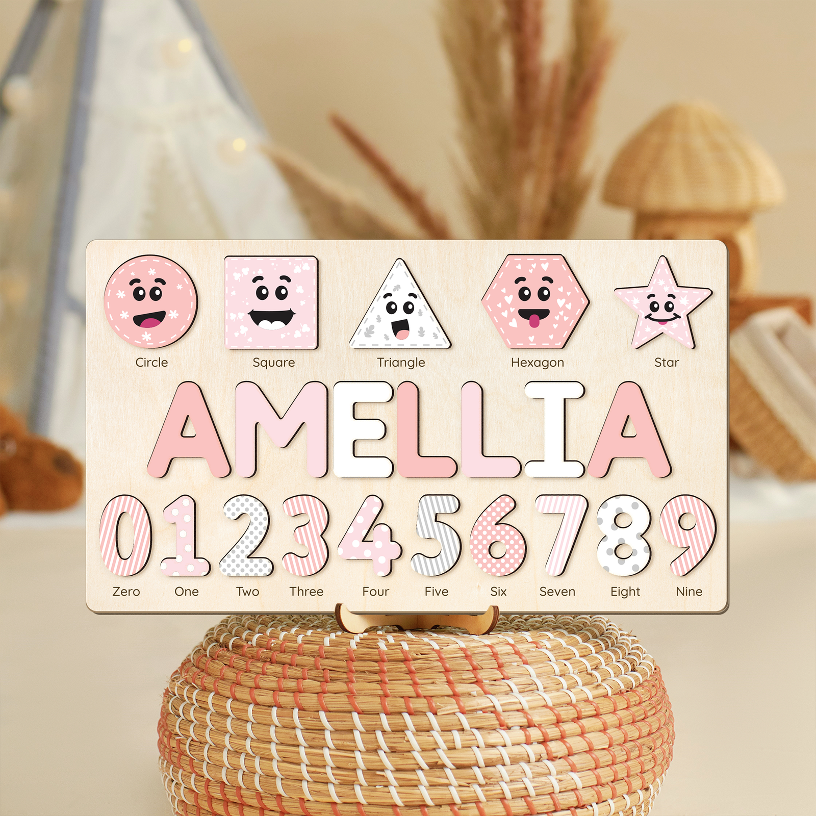 Personalized Wooden Shaped & Numbers Name Puzzle, Gifts For 1 2 3 Year Old, Wooden Name Puzzle For Kids, Montessori Toys | Kindly Toys NP20 - Kindlytoys