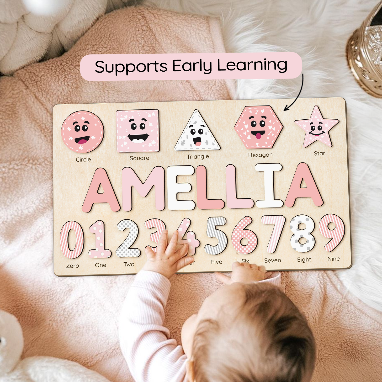 Personalized Wooden Shaped & Numbers Name Puzzle, Gifts For 1 2 3 Year Old, Wooden Name Puzzle For Kids, Montessori Toys | Kindly Toys NP20 - Kindlytoys