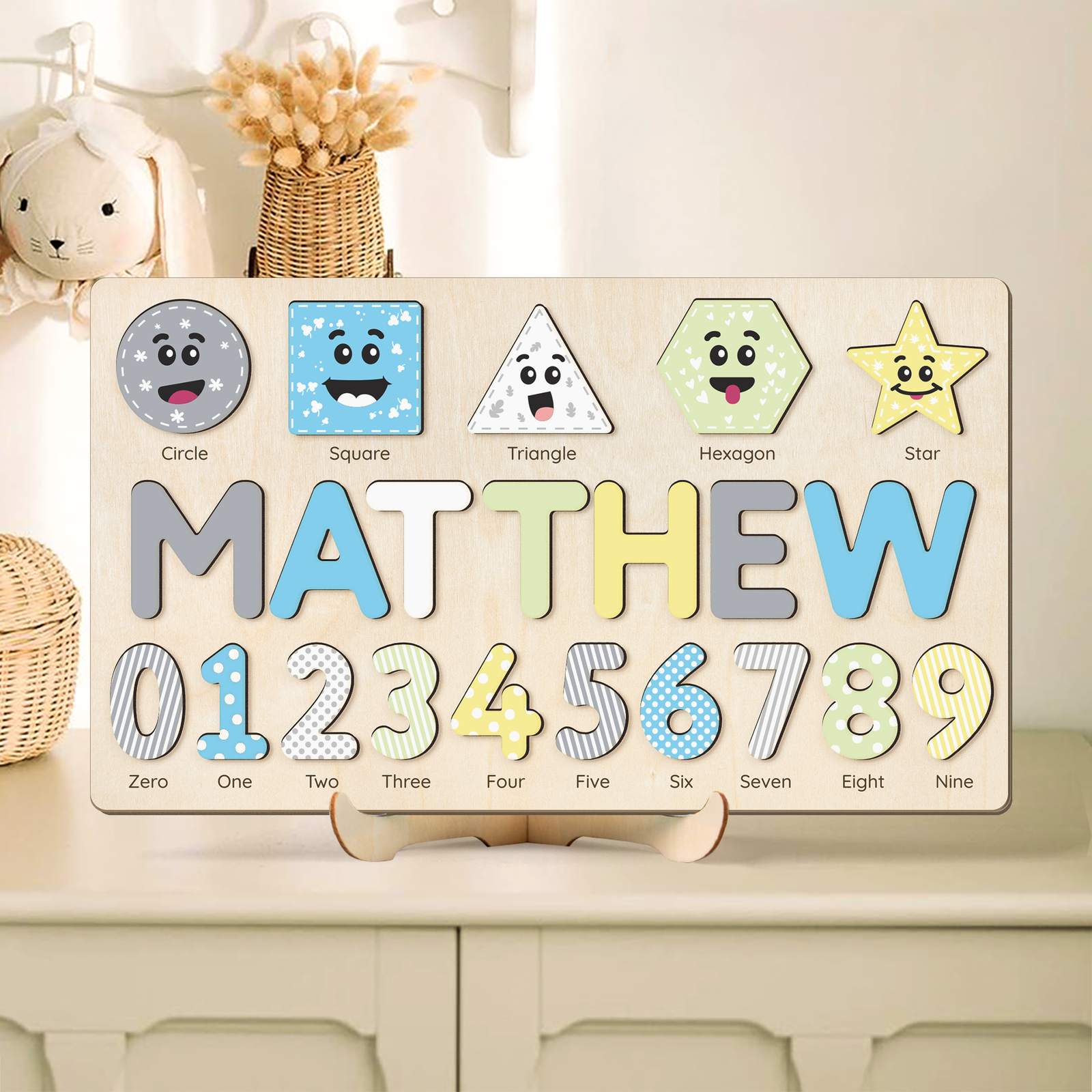 Personalized Wooden Shaped & Numbers Name Puzzle, Gifts For 1 2 3 Year Old, Wooden Name Puzzle For Kids, Montessori Toys | Kindly Toys NP20 - Kindlytoys