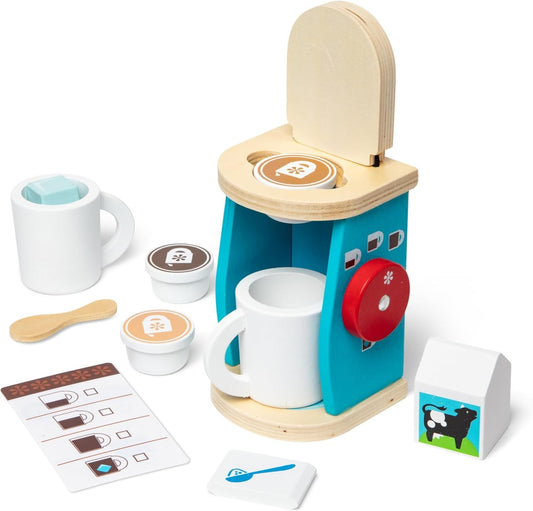 Wooden Coffee Maker Playset – Pretend Play Kitchen Toy for Kids with Mugs, Coffee Pods & Accessories