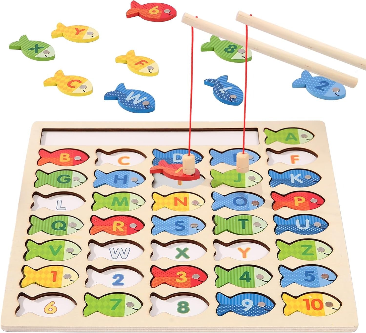 Wooden Magnetic Fishing Game for Toddlers, Montessori Fine Motor Skills Toy with Letters and Numbers, Preschool Learning ABC and Puzzle Educational Toys Gift for 3 4 5+ Year Old Kids(2 Poles)