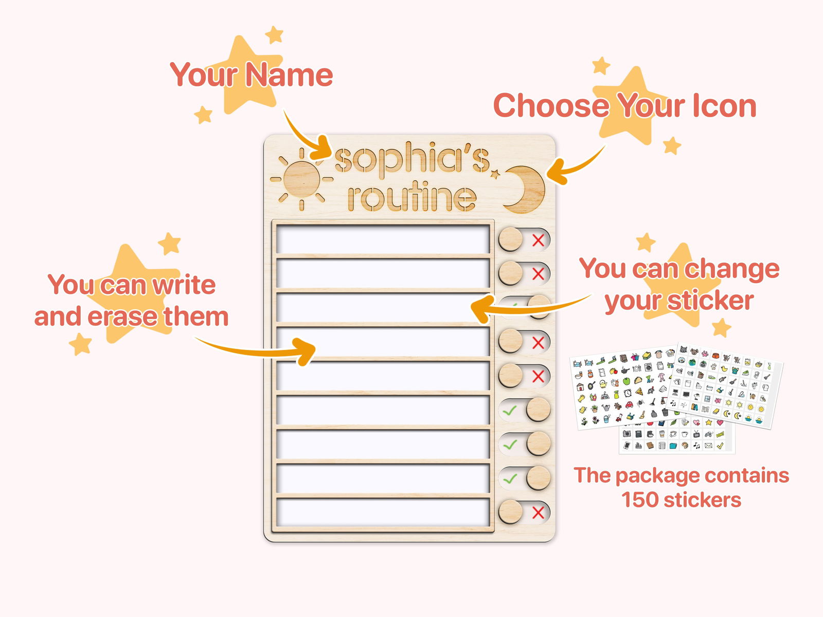 Wooden Routine Chart with 150+ Stickers, Morning and Bedtime Chore Chart PR01 - Kindlytoys