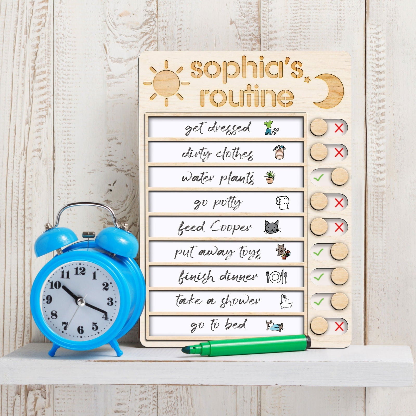 Wooden Routine Chart with 150+ Stickers, Morning and Bedtime Chore Chart PR01 - Kindlytoys