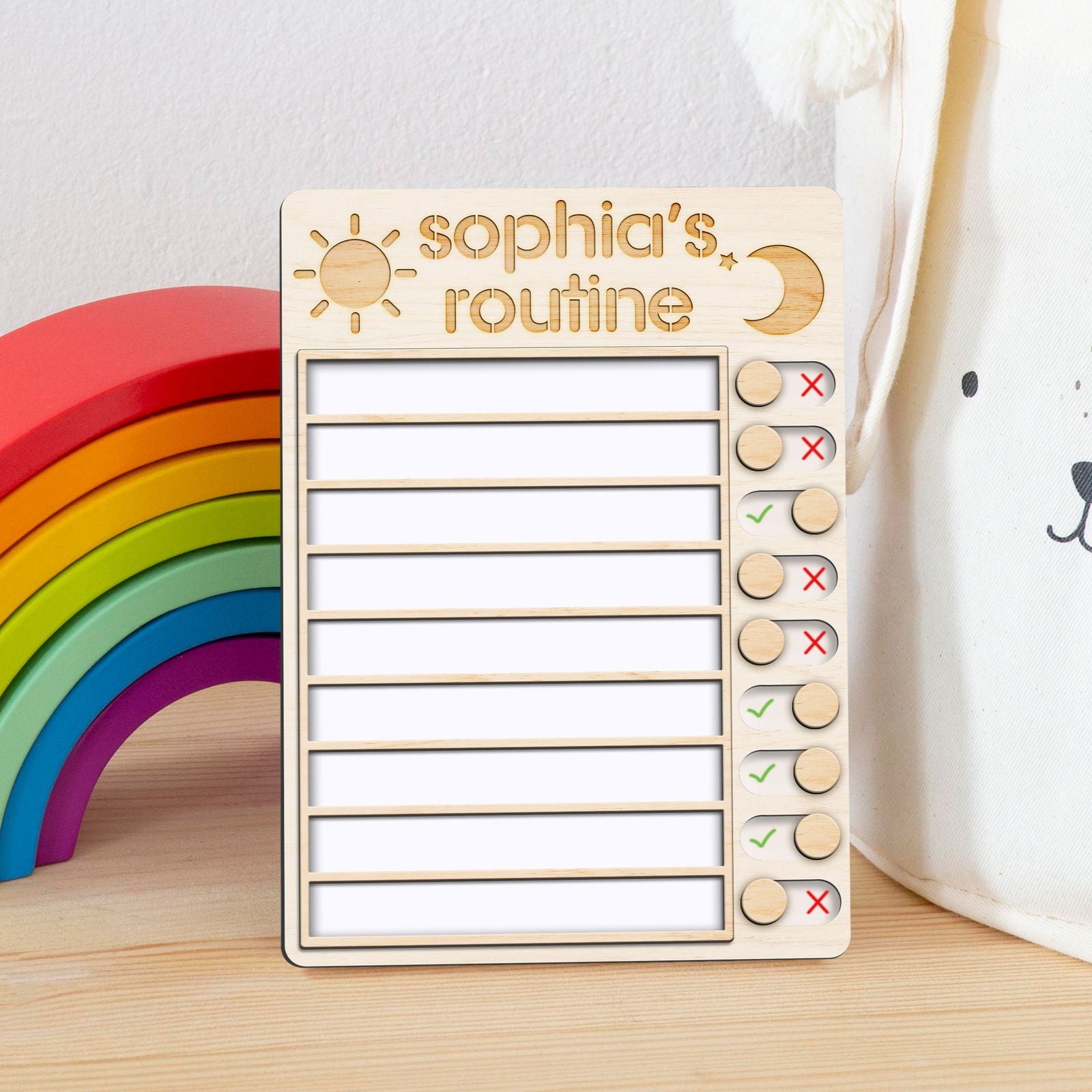 Wooden Routine Chart with 150+ Stickers, Morning and Bedtime Chore Chart PR01 - Kindlytoys