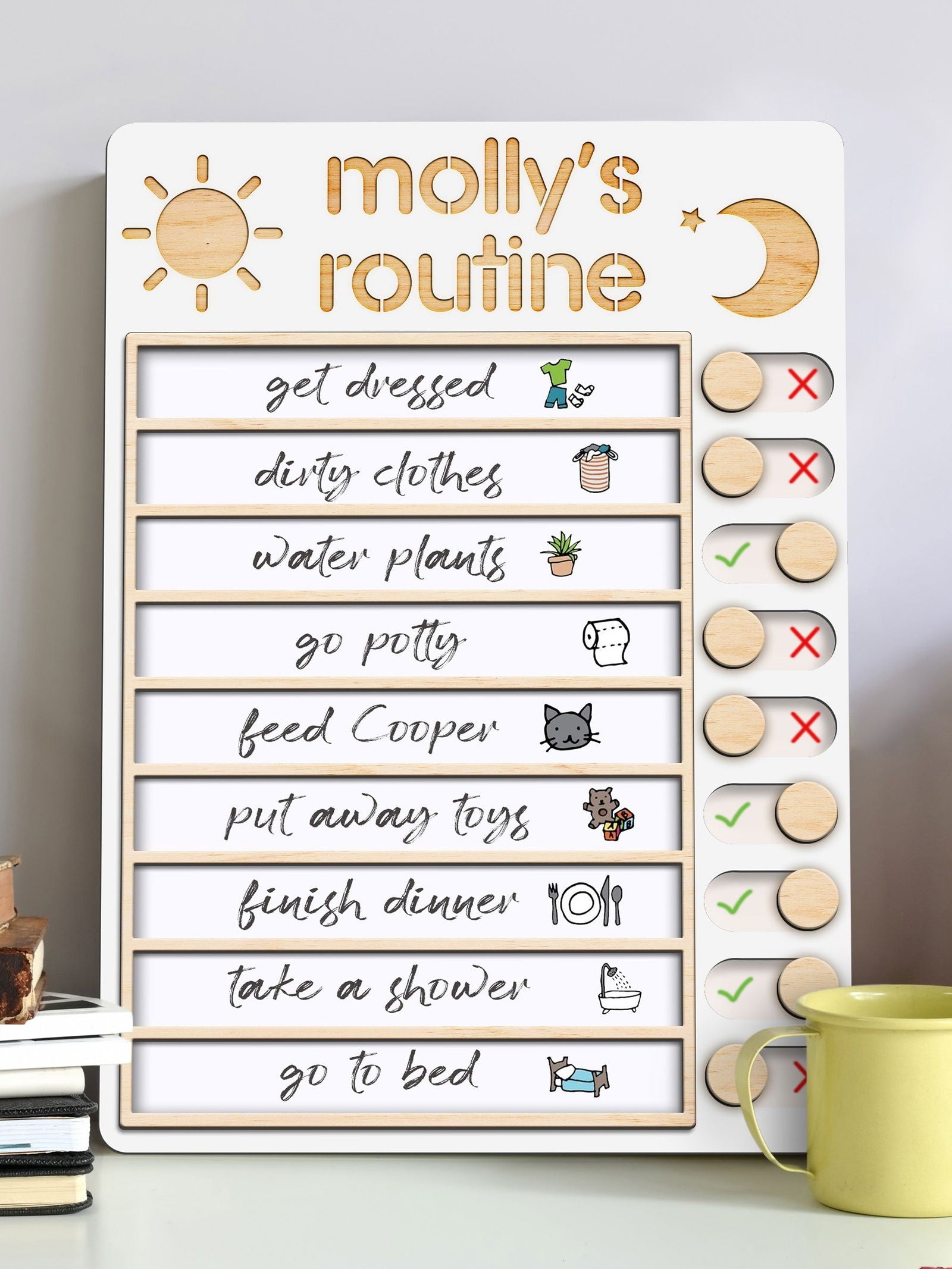 Wooden Routine Chart with 150+ Stickers, Morning and Bedtime Chore Chart PR01 - Kindlytoys