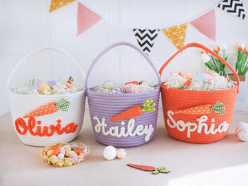 Personalized Easter Basket With Kids Name ,Custom Bunny Carrot Rope Basket, Boy Girls Easter Basket, Kids Easter Gift, Baby's First Easter