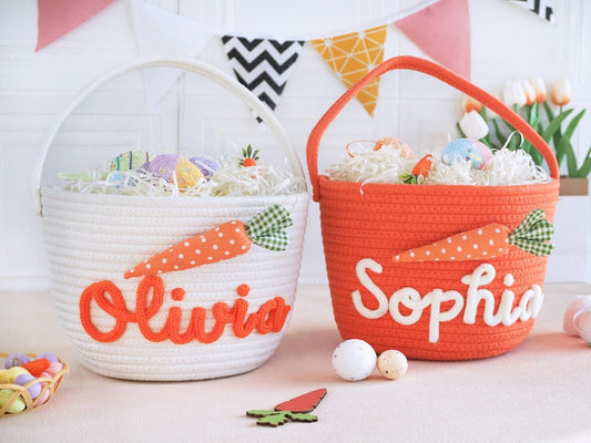 Personalized Easter Basket With Kids Name ,Custom Bunny Carrot Rope Basket, Boy Girls Easter Basket, Kids Easter Gift, Baby's First Easter