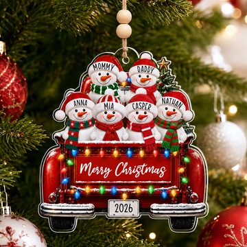 Personalized Red Truck Snowman Family Ornament, Custom Name Acrylic Christmas Ornament, Christmas Tree Decoration, Family Keepsake Gift CF051