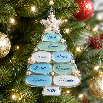 Personalized Sea Glass Christmas Tree Family Ornament, Custom Name Acrylic Coastal Ornament, Sea Glass Tree Decoration, Family Keepsake Gift CF056