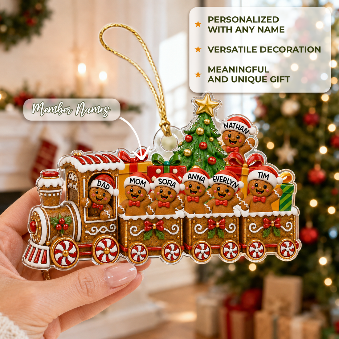 Personalized Gingerbread Train Family Ornament, Custom Name Acrylic Christmas Ornament, Christmas Tree Decoration, Family Keepsake Gift CF055