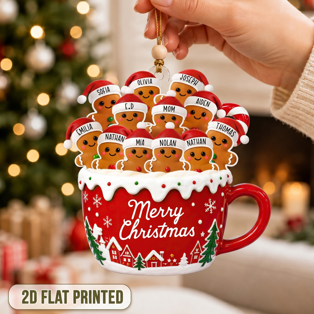 Personalized Gingerbread Family Hot Cocoa Mug Ornament, Custom Name Acrylic Christmas Ornament, Christmas Tree Decoration, Family Keepsake Gift CF052