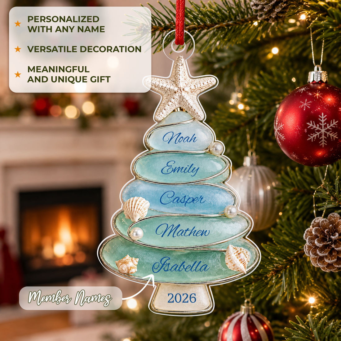 Personalized Sea Glass Christmas Tree Family Ornament, Custom Name Acrylic Coastal Ornament, Sea Glass Tree Decoration, Family Keepsake Gift CF056