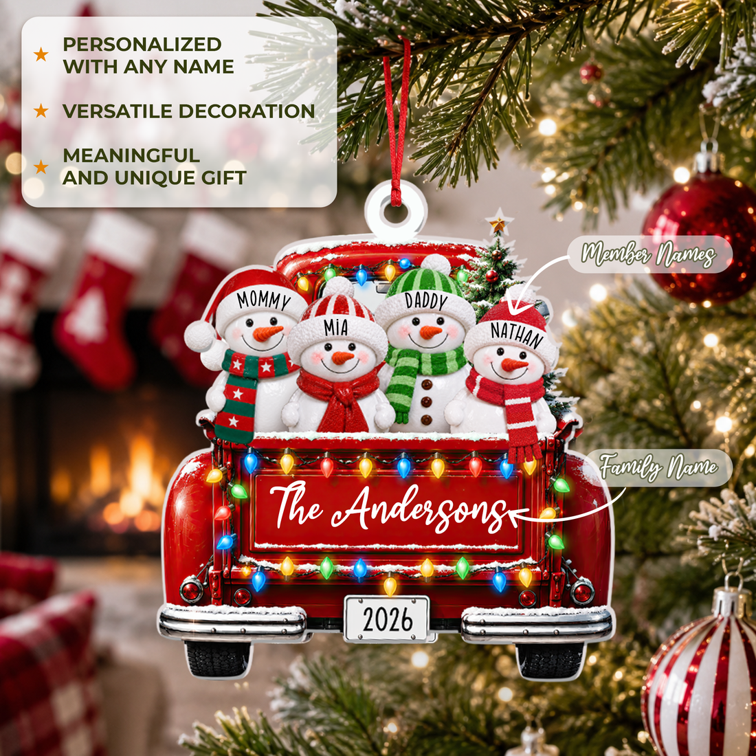 Personalized Red Truck Snowman Family Ornament, Custom Name Acrylic Christmas Ornament, Christmas Tree Decoration, Family Keepsake Gift CF051
