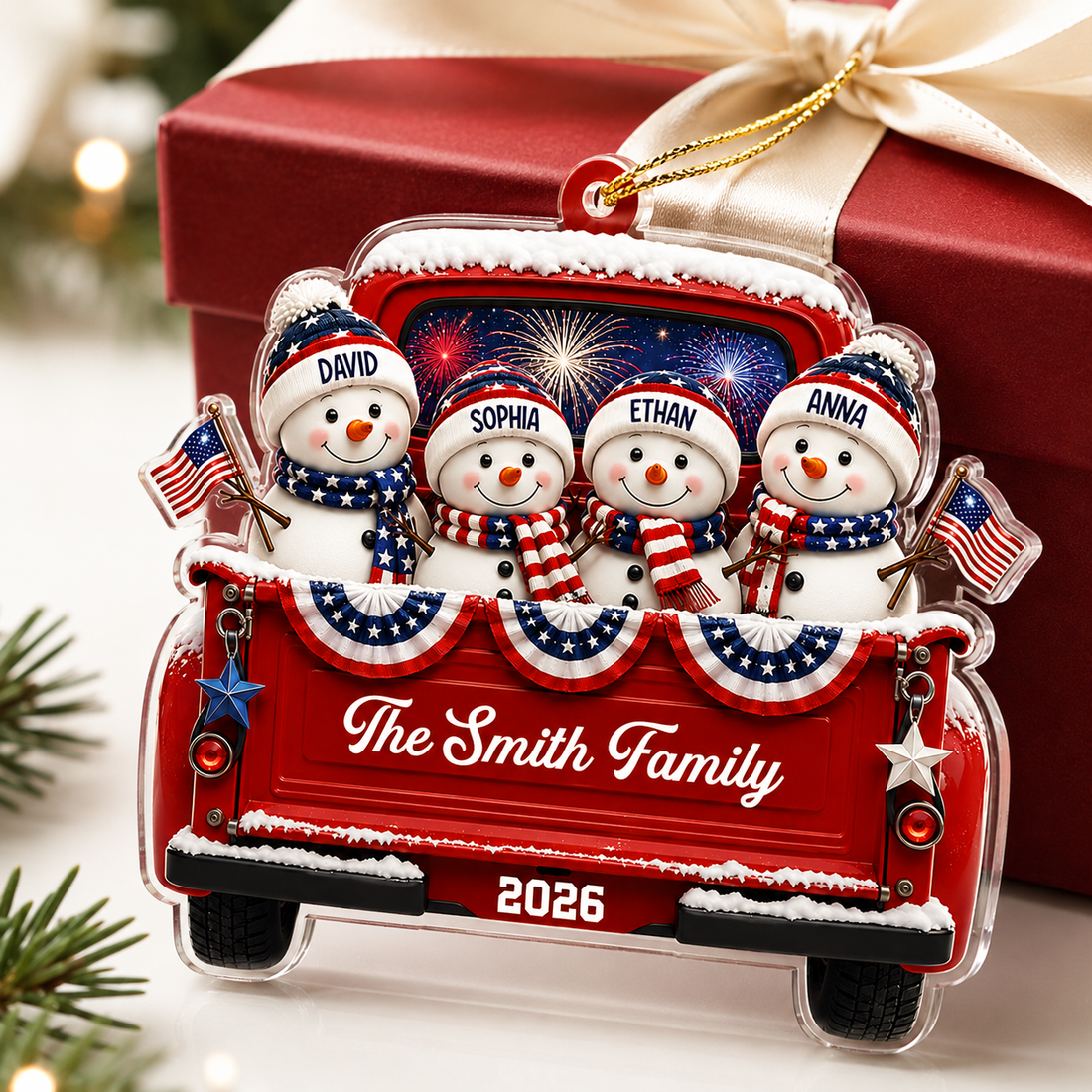 Personalized Patriotic Snowman Family Ornament, Custom Name Christmas Ornament 2026, Holiday Family Keeepsake Gift CF61