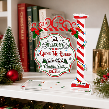 Personalized Christmas Village Sign, Custom Name Hanging Candy Cane Post Acrylic Sign, Holiday Shelf Mantel Decor, Christmas Gift AT61