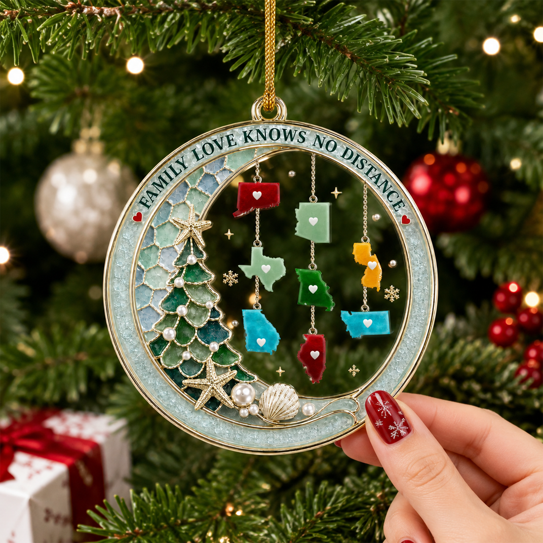Personalized Family Love Knows No Distance Ornament, Custom State Acrylic Christmas Ornament, Long Distance Family Keepsake Gift CO01