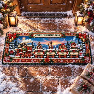 Personalized Christmas Runner Rug, Custom Family Christmas Train Rug, Holiday Entryway Decor for Grandma & Family DM12