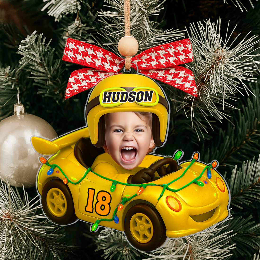 Personalized Cars Acrylic Christmas Ornament, Custom Car Photo Ornament, Kids Name Christmas Ornament, Funny Face Ornament