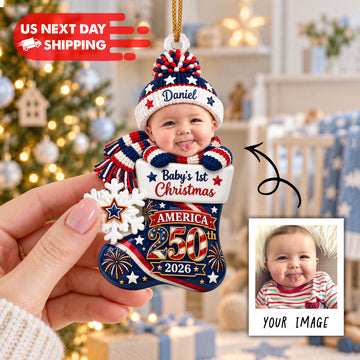 Personalized Baby's First Christmas Ornament 2026, Custom Baby Photo Face Ornament with Name, Patriotic 250th Acrylic Stocking Christmas Ornament, Newborn Keepsake Gift CO74