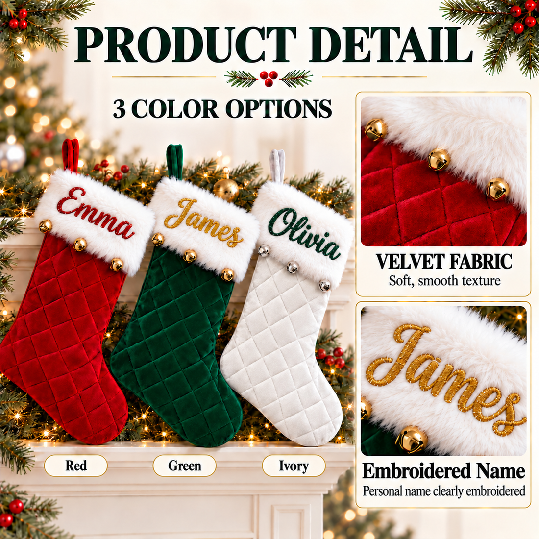 Personalized Embroidered Christmas Stocking, Quilted Velvet Stocking With Name, Fur Cuff Jingle Bells, Christmas Gift, Fireplace Decor KH15