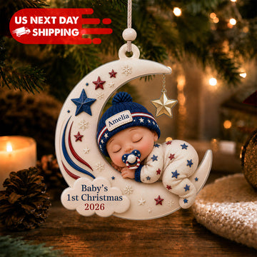 Personalized Baby's First Christmas Ornament 2026, Custom Name Sleeping Baby on Moon Acrylic Christmas Ornament, Newborn Keepsake Gift CF62