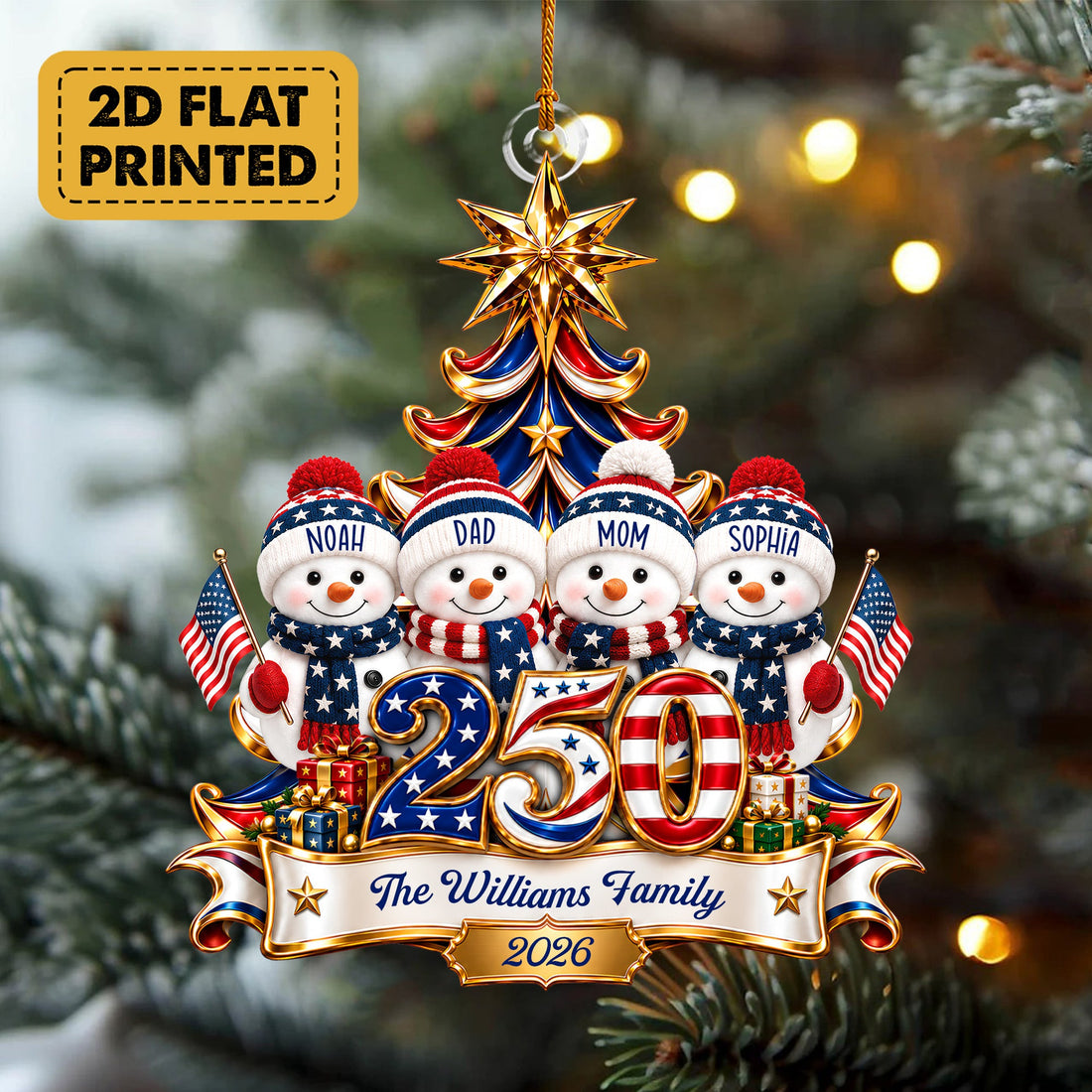 Personalized Patriotic Snowman Family Ornament, Custom Name Christmas Ornament, Red White Blue Acrylic Tree Keepsake Gift 2026 (CO13)