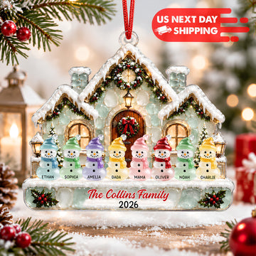 Personalized Snowman Family Christmas Ornament, Custom Name Christmas Ornament with Cozy Winter House, Acrylic Family Keepsake Gift 2026 CO08