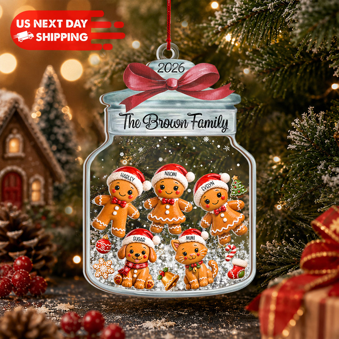 Personalized Gingerbread Family Cookie Jar Ornament, Custom Name Acrylic Shaker Christmas Ornament With Pets, Family Keepsake Gift CF55