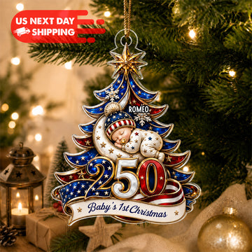 Personalized Baby's First Christmas Ornament, Custom Name Sleeping Baby Patriotic 250 Acrylic Christmas Tree Ornament, Newborn Keepsake Gift CF58