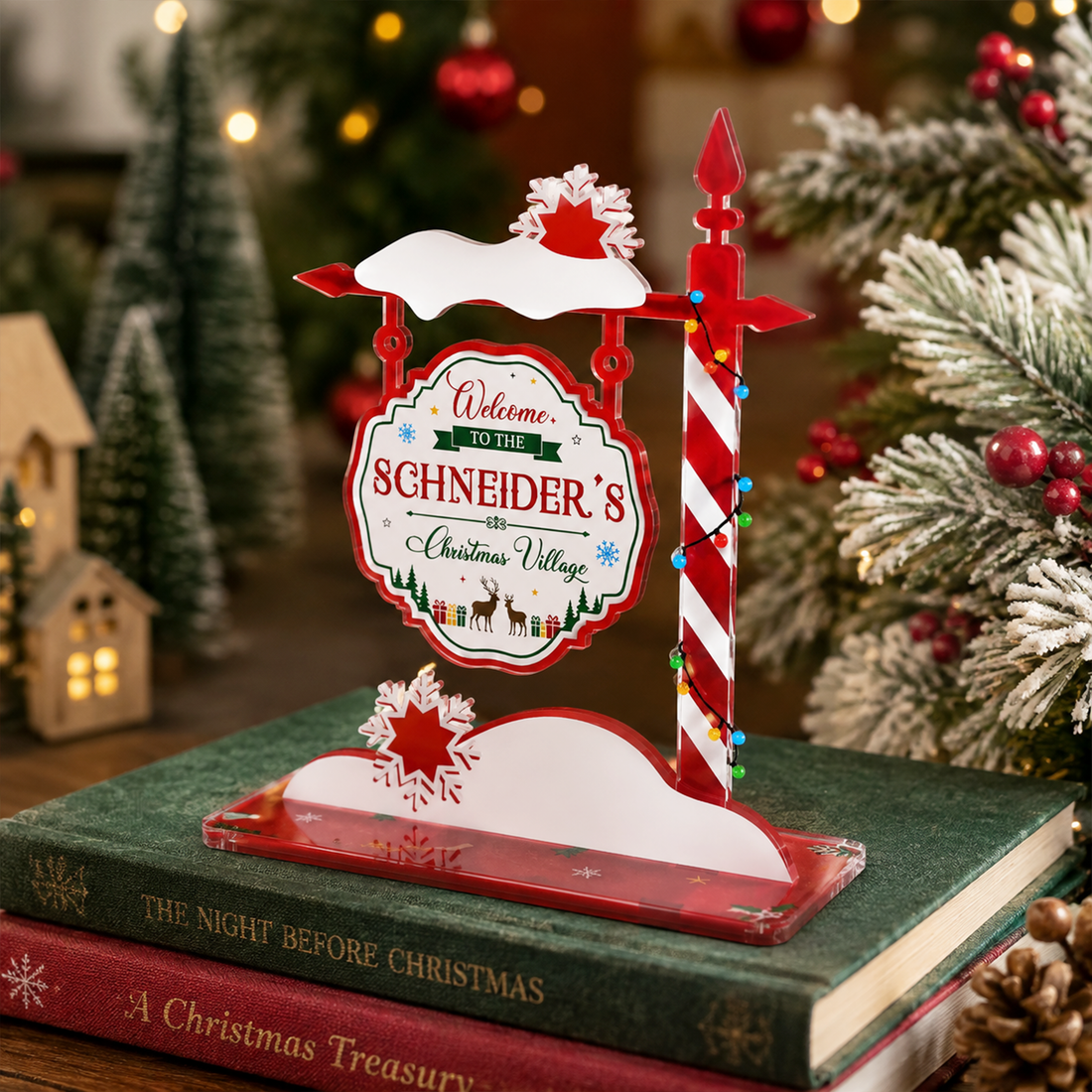 Personalized Christmas Village Sign, Custom Name Snowy Hanging Street Sign Style Acrylic Decor, Red Base Holiday Shelf Decoration, Christmas Gift AT62