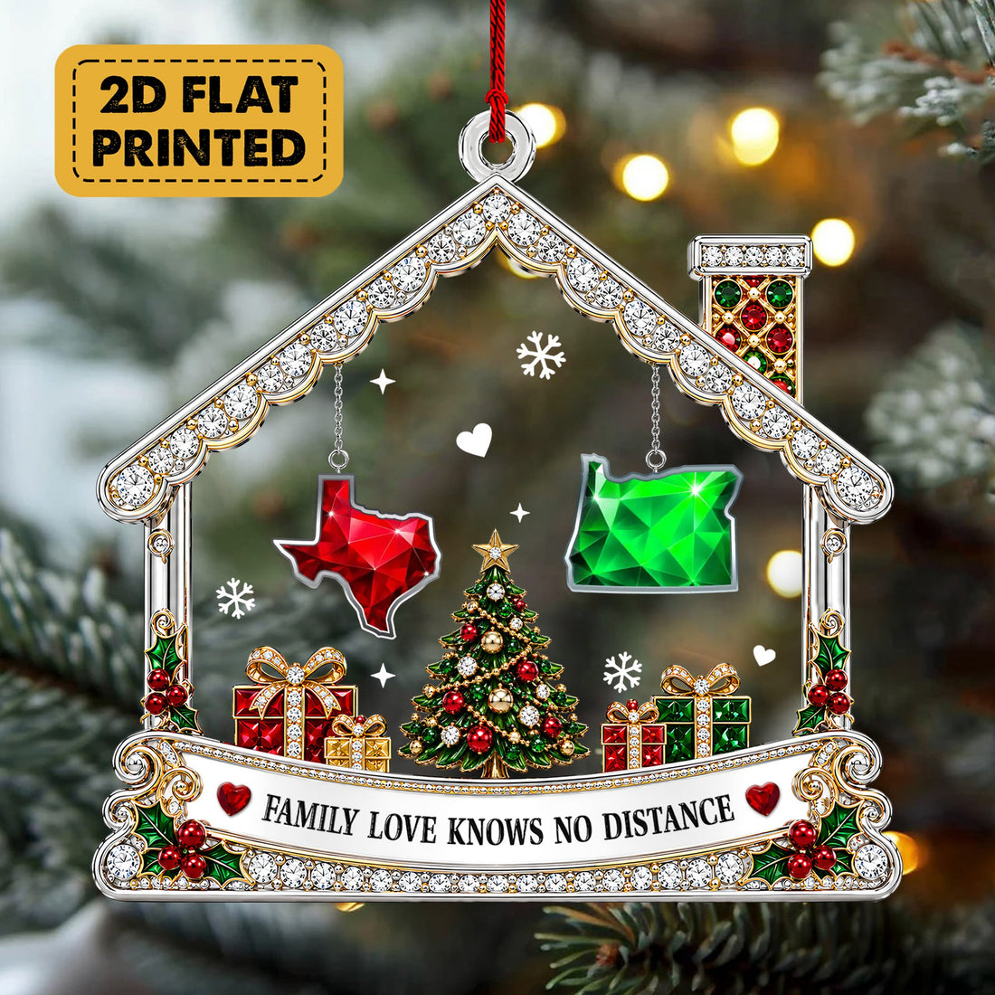 Personalized Long Distance Family Ornament, Custom State Christmas Ornament, Sparkling Jewel Style Acrylic House Decoration, Family Keepsake Gift CO09