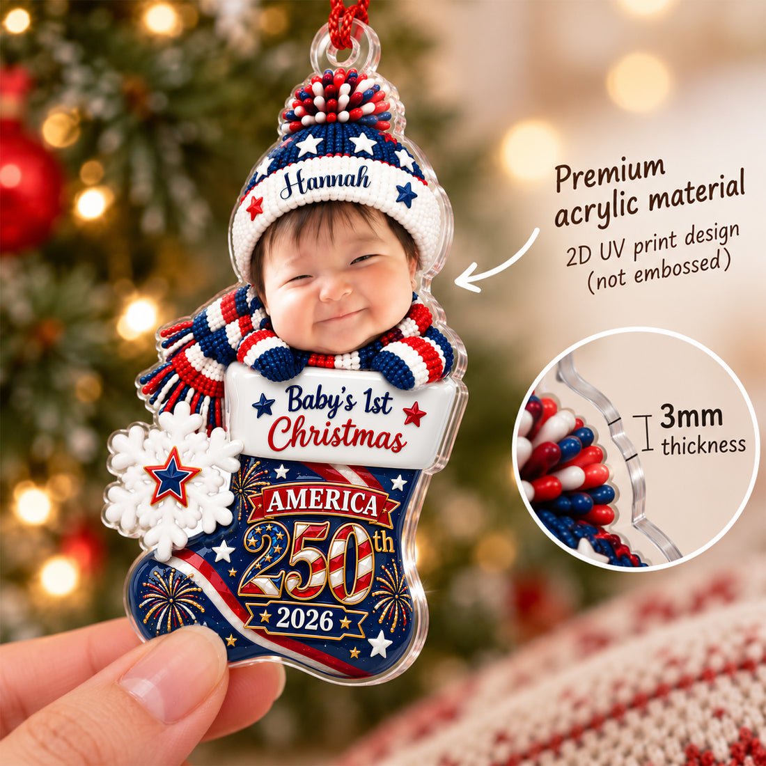 Personalized Baby's First Christmas Ornament 2026, Custom Baby Photo Face Ornament with Name, Patriotic 250th Acrylic Stocking Christmas Ornament, Newborn Keepsake Gift CO74