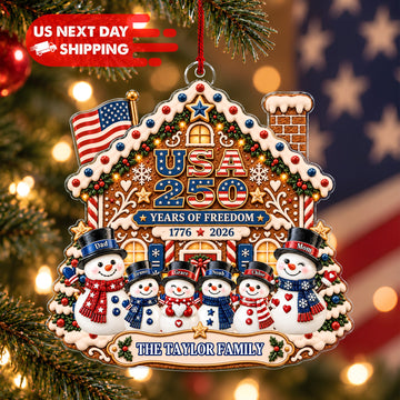 Personalized Patriotic Snowman Family Ornament, Custom Name Gingerbread House Christmas Ornament, 2026 Family Xmas Acrylic Keepsake Gift CO24
