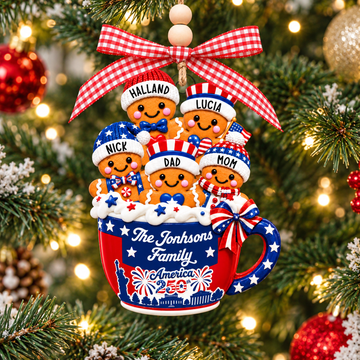 Personalized Patriotic Gingerbread Family Ornament, Custom Name Christmas Ornament, Red White Blue Mug Ornament with Pets, Family Keepsake Gift 2026 (CO15)