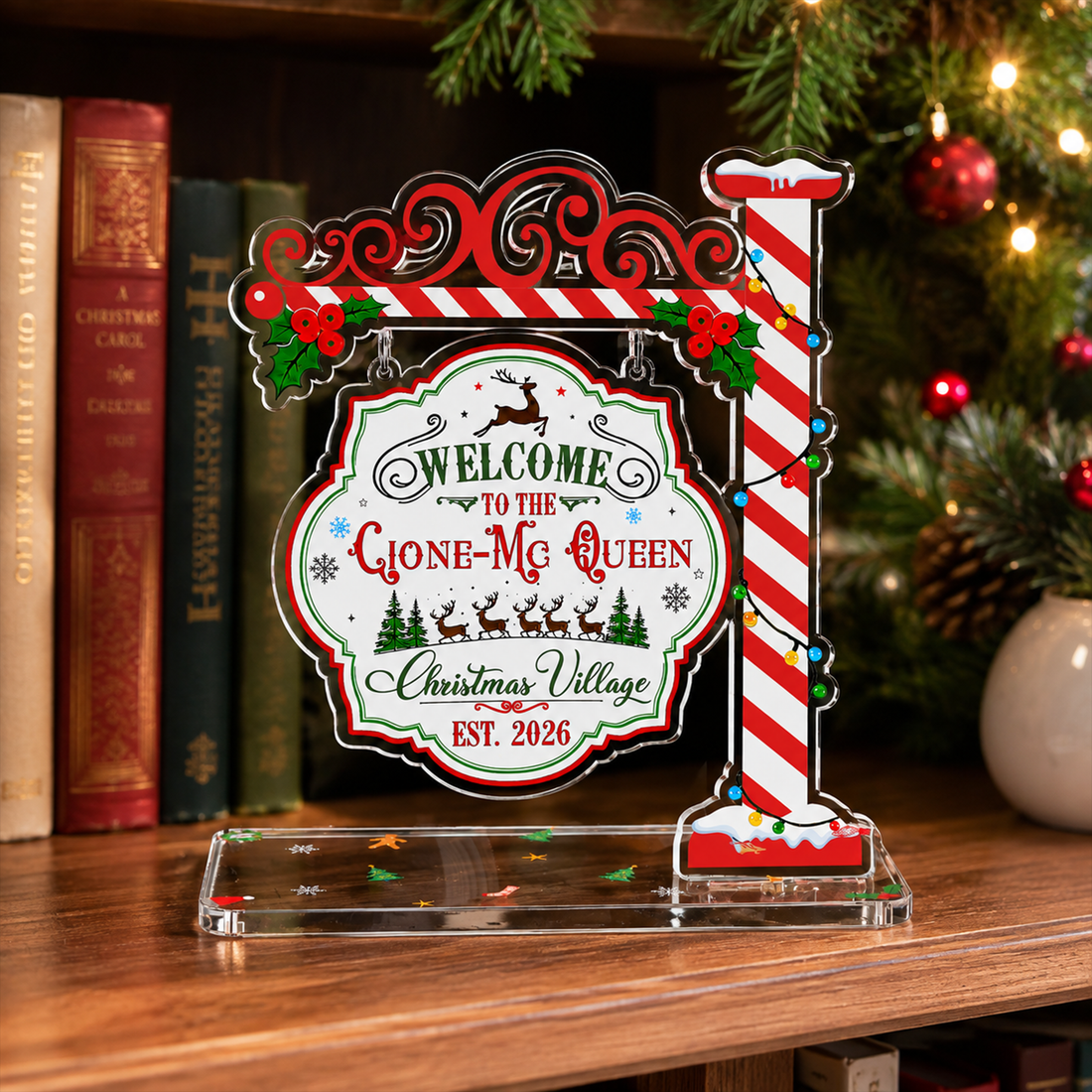 Personalized Christmas Village Sign, Custom Name Hanging Candy Cane Post Acrylic Sign, Holiday Shelf Mantel Decor, Christmas Gift AT61