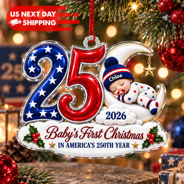 Personalized Baby's First Christmas Ornament 2026, Custom Name Sleeping Baby on Moon Patriotic 250th Year Acrylic Ornament, Newborn Keepsake Gift CO60