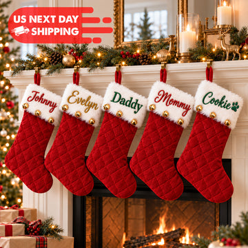 Personalized Embroidered Christmas Stocking, Quilted Velvet Stocking With Name, Fur Cuff Jingle Bells, Christmas Gift, Fireplace Decor KH15