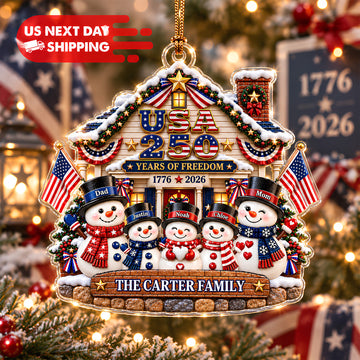 Personalized USA 250 Snowman Family Ornament, Custom Name 2026 Christmas Ornament, 250th Anniversary Patriotic Acrylic House Decoration, Family Keepsake Gift CO46