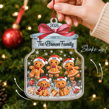 Personalized Gingerbread Family Cookie Jar Ornament, Custom Name Acrylic Shaker Christmas Ornament With Pets, Family Keepsake Gift CF55