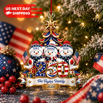 Personalized Patriotic Snowman Family Ornament, Custom Name Christmas Ornament, Red White Blue Acrylic Tree Keepsake Gift 2026 (CO13)