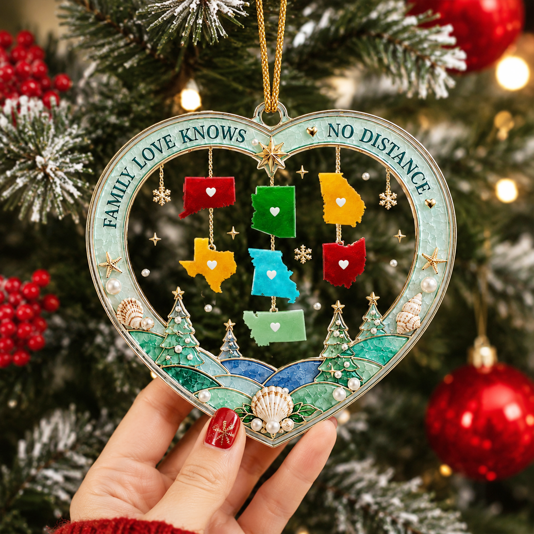 Personalized Family Love Knows No Distance Heart Ornament, Custom State Acrylic Christmas Ornament, Long Distance Family Keepsake Gift CO02