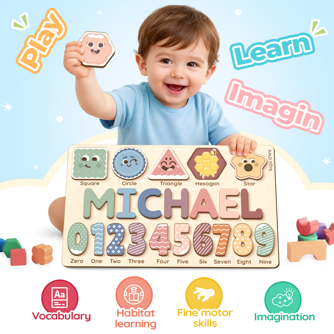Personalized Name Puzzle for Kids, Wooden Toddler Puzzle with Shapes & Numbers