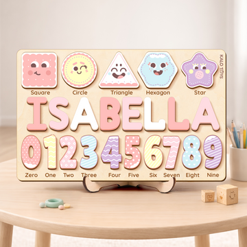 Personalized Name Puzzle for Kids, Wooden Toddler Puzzle with Shapes & Numbers