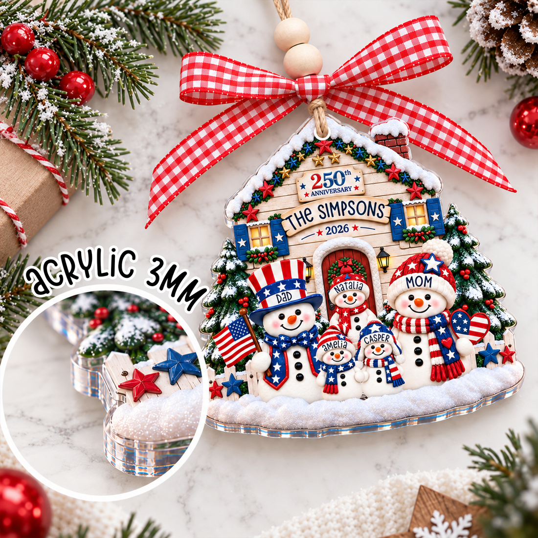 Personalized Patriotic Snowman Family Ornament, Custom Name Christmas Ornament, 2026 Red White Blue Snowy House Acrylic Keepsake Gift CO20