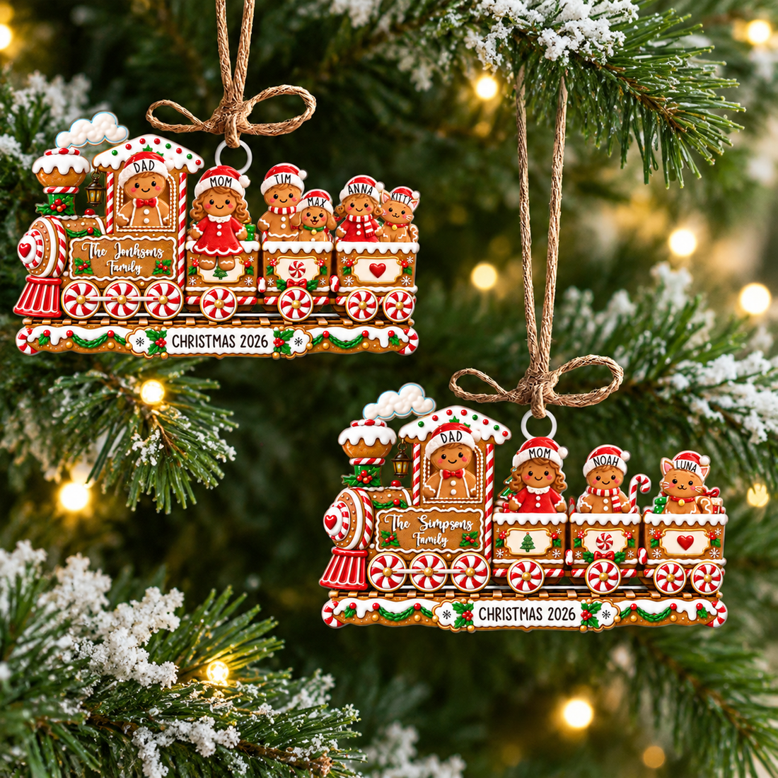 Personalized Gingerbread Train Family Ornament, Custom Name Acrylic Christmas Ornament With Pets, Christmas Tree Decoration, Family Keepsake Gift CF057