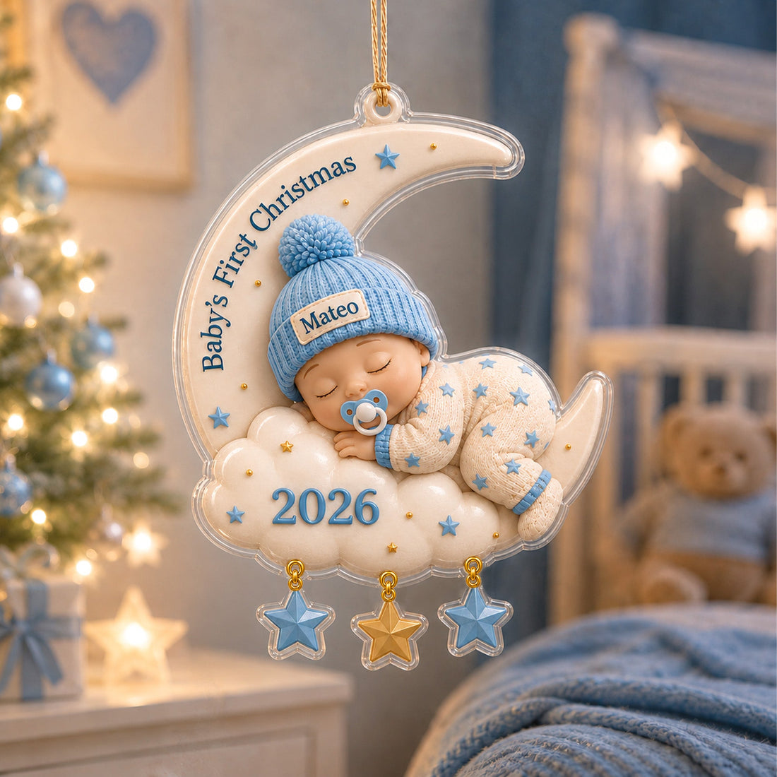 Personalized Baby's First Christmas Ornament 2026, Custom Name Acrylic Sleeping Baby Moon Ornament, Newborn Keepsake Gift CF702