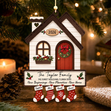 Personalized New Home Christmas Ornament 2026, Custom Family Name Wood House Ornament With Stockings, Housewarming Keepsake Gift CF705